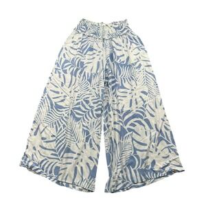 Quiet Storm Wide Leg Pants Women S Blue White Tropical Palm Print Smocked Waist